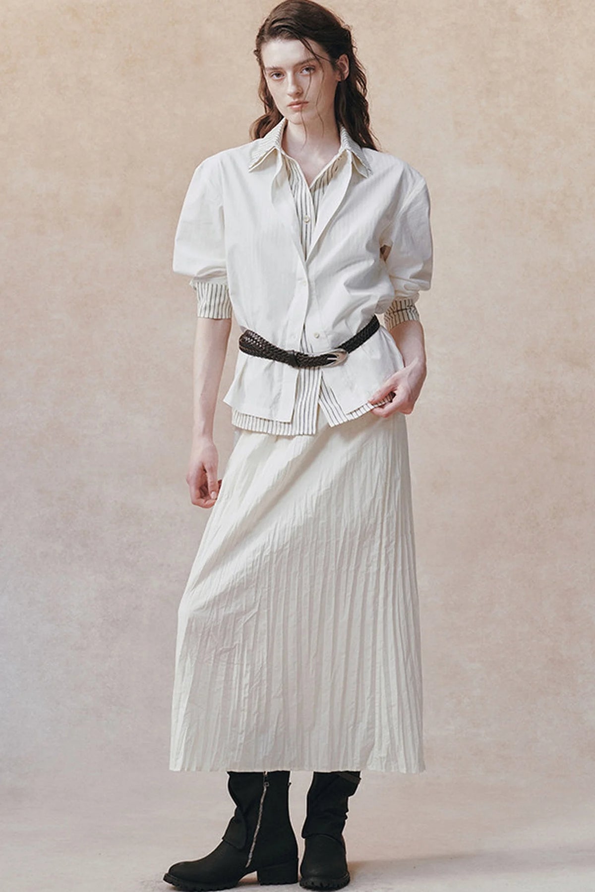 Pleated Stand Collar Shirt and Skirt Set