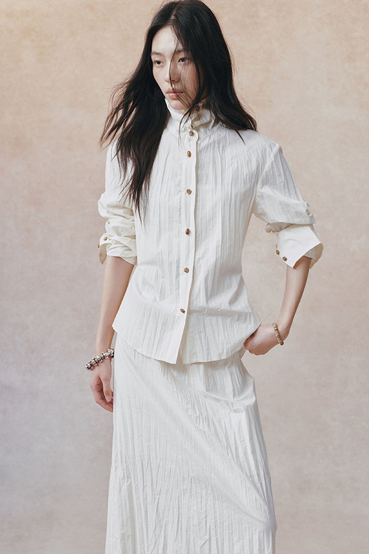Pleated Stand Collar Shirt and Skirt Set