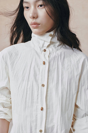 Pleated Stand Collar Shirt and Skirt Set