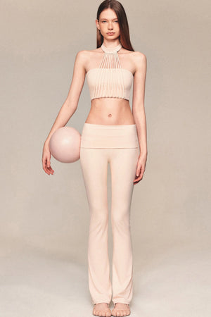 Pleated Tassel Halter Top and Flared Pants Set-Up