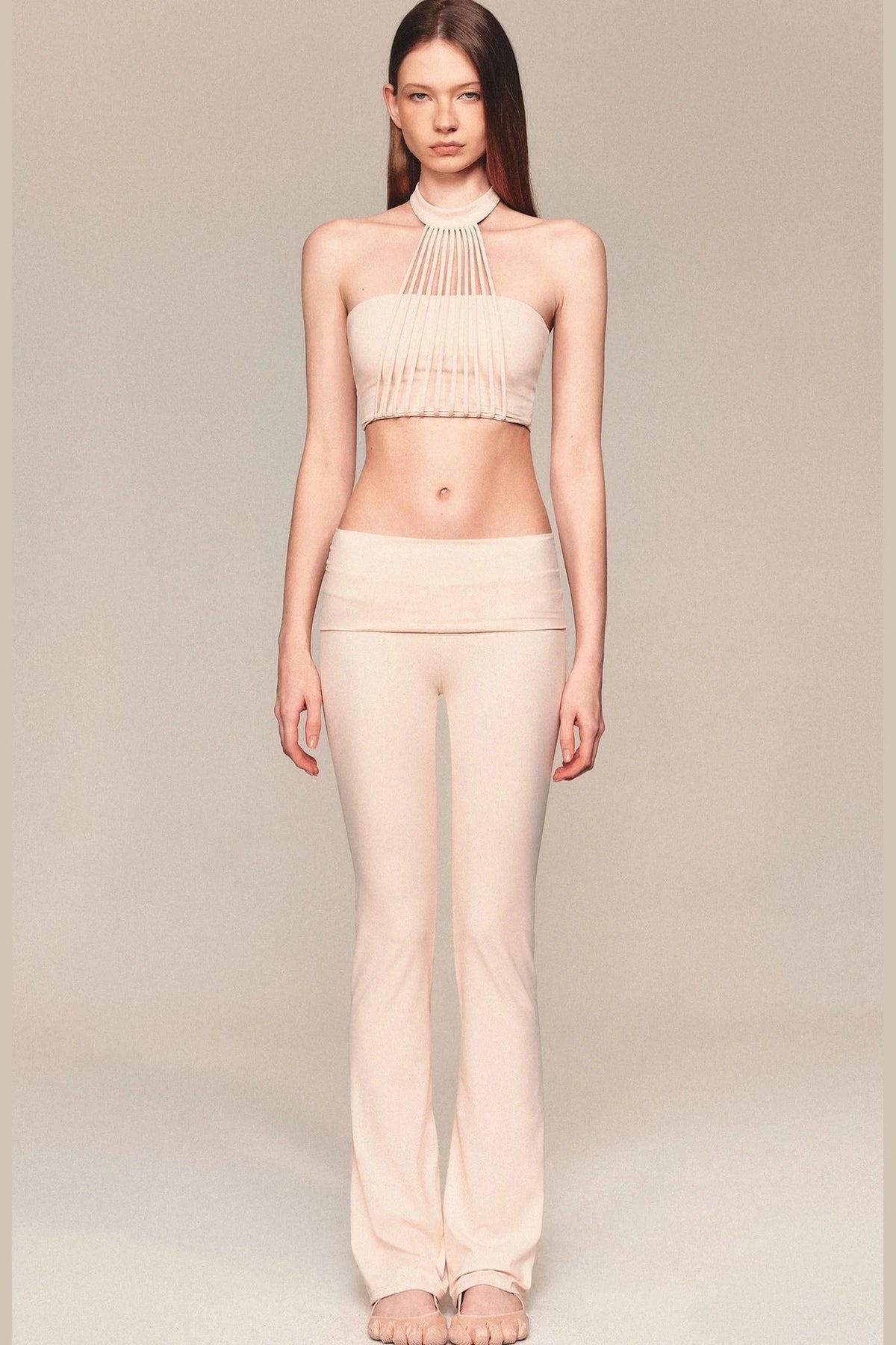 Pleated Tassel Halter Top and Flared Pants Set-Up