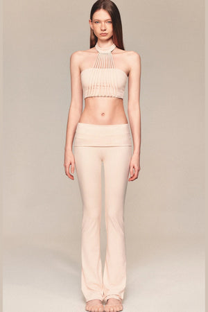 Pleated Tassel Halter Top and Flared Pants Set-Up