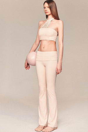 Pleated Tassel Halter Top and Flared Pants Set-Up
