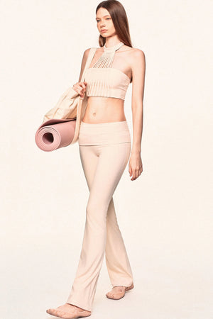 Pleated Tassel Halter Top and Flared Pants Set-Up