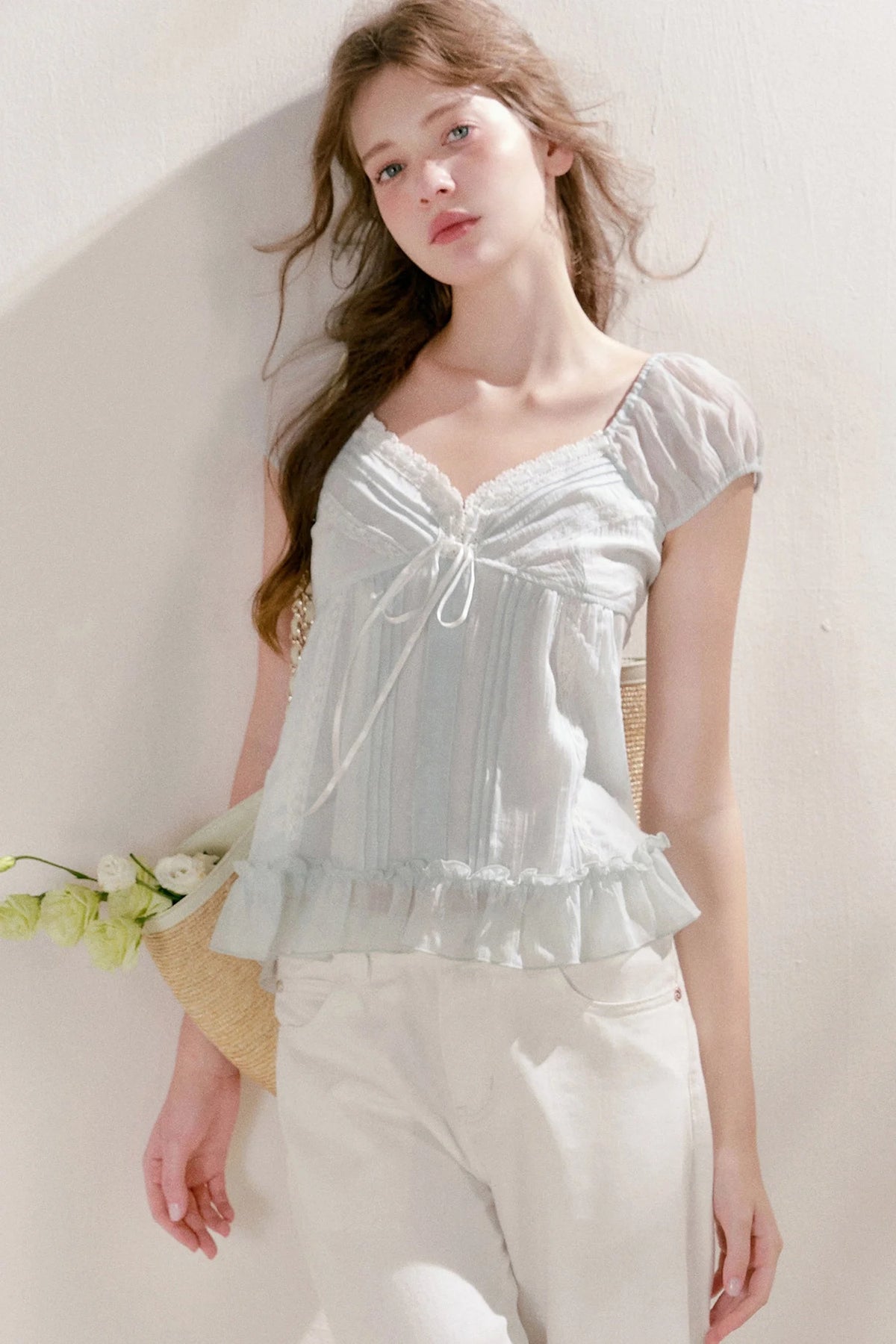 Pleated Tencel Lace Ruffle Short Sleeve Top