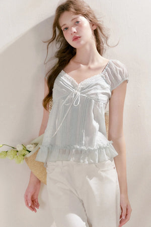 Pleated Tencel Lace Ruffle Short Sleeve Top