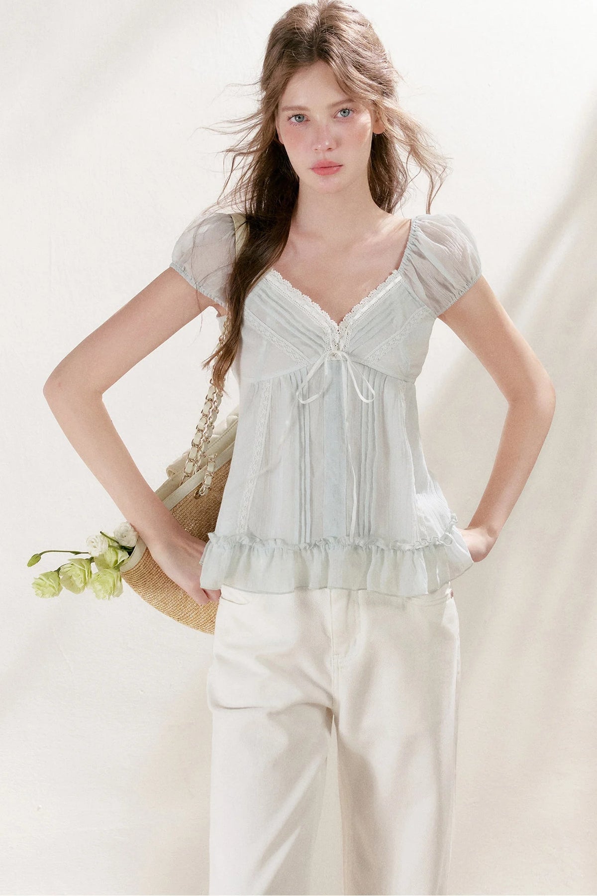 Pleated Tencel Lace Ruffle Short Sleeve Top