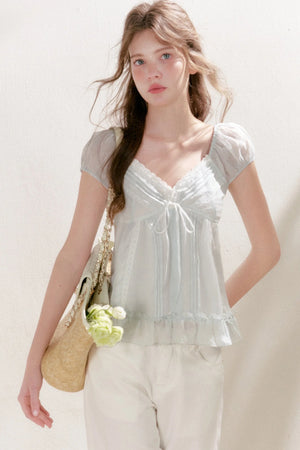 Pleated Tencel Lace Ruffle Short Sleeve Top