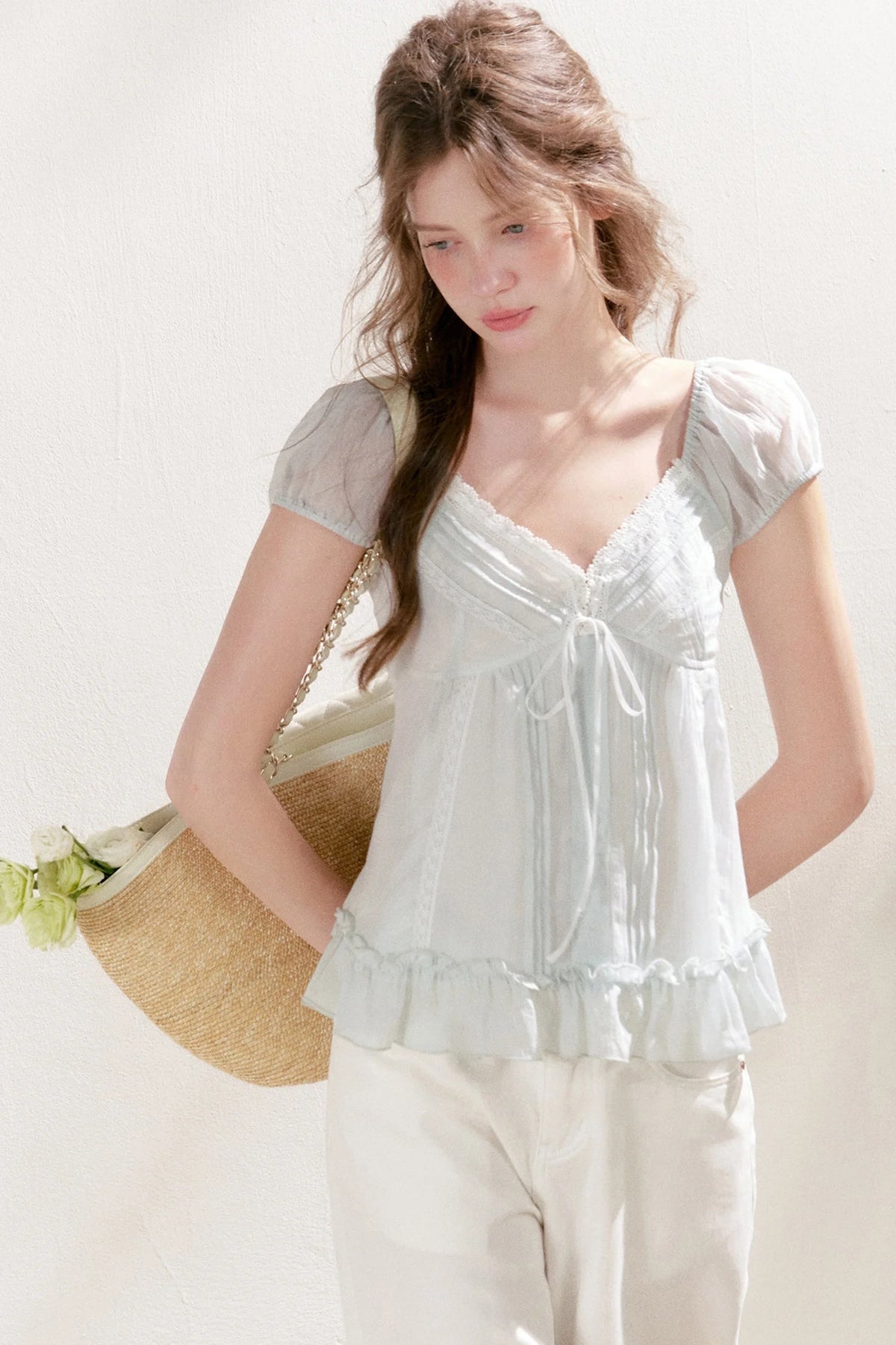 Pleated Tencel Lace Ruffle Short Sleeve Top