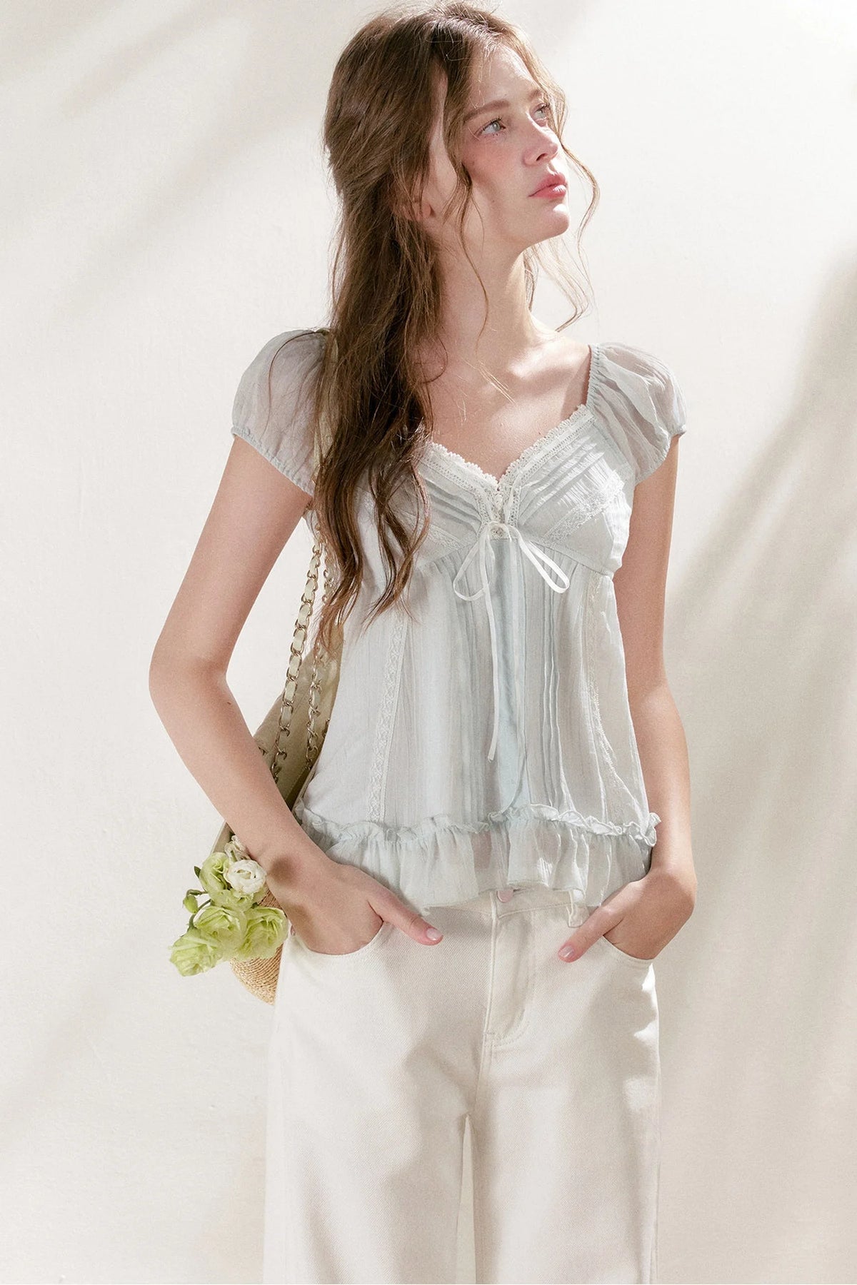 Pleated Tencel Lace Ruffle Short Sleeve Top