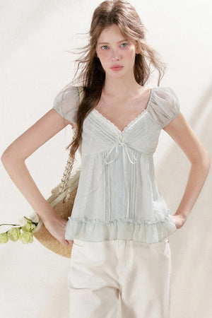 Pleated Tencel Lace Ruffle Short Sleeve Top
