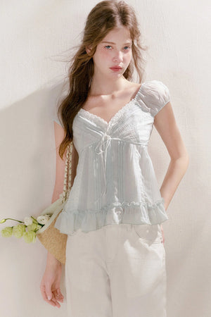 Pleated Tencel Lace Ruffle Short Sleeve Top