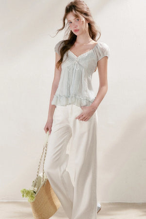 Pleated Tencel Lace Ruffle Short Sleeve Top
