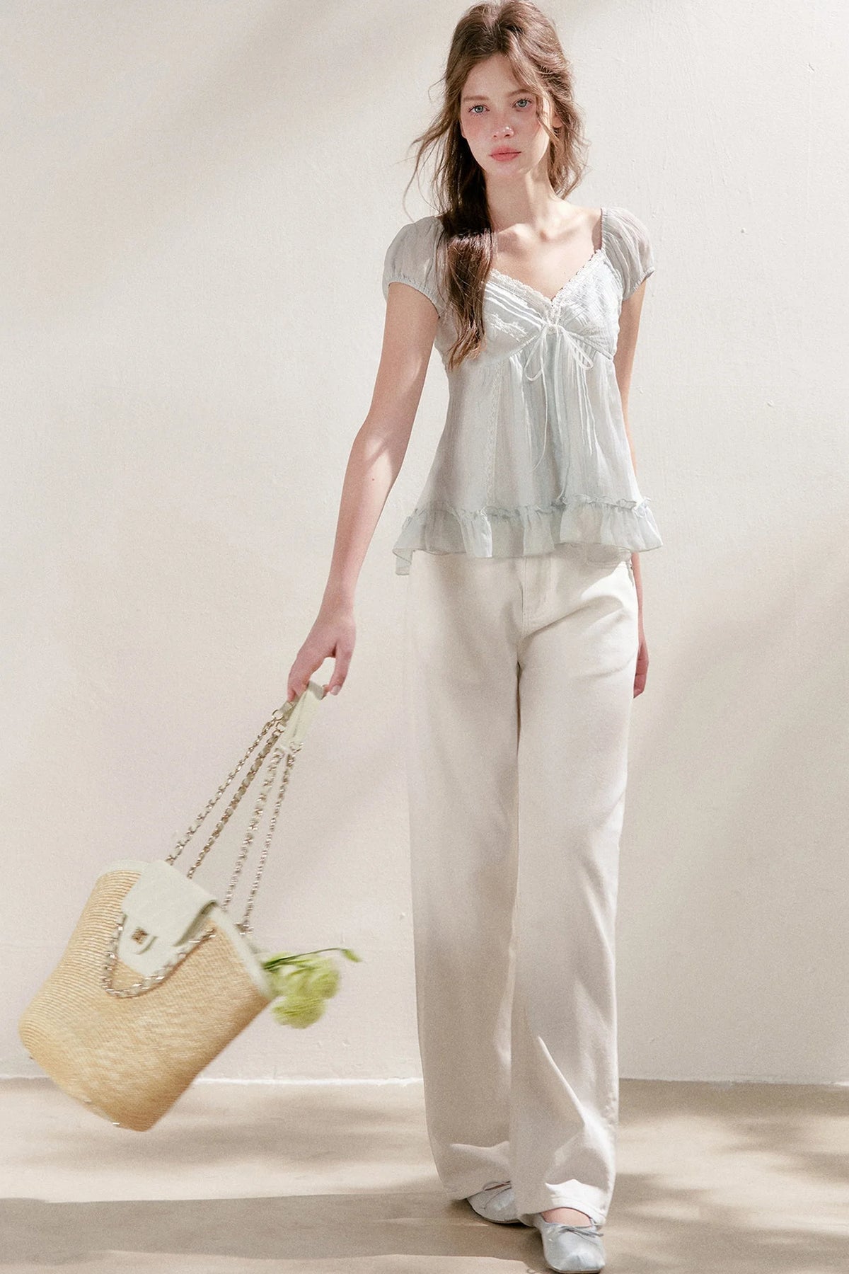 Pleated Tencel Lace Ruffle Short Sleeve Top
