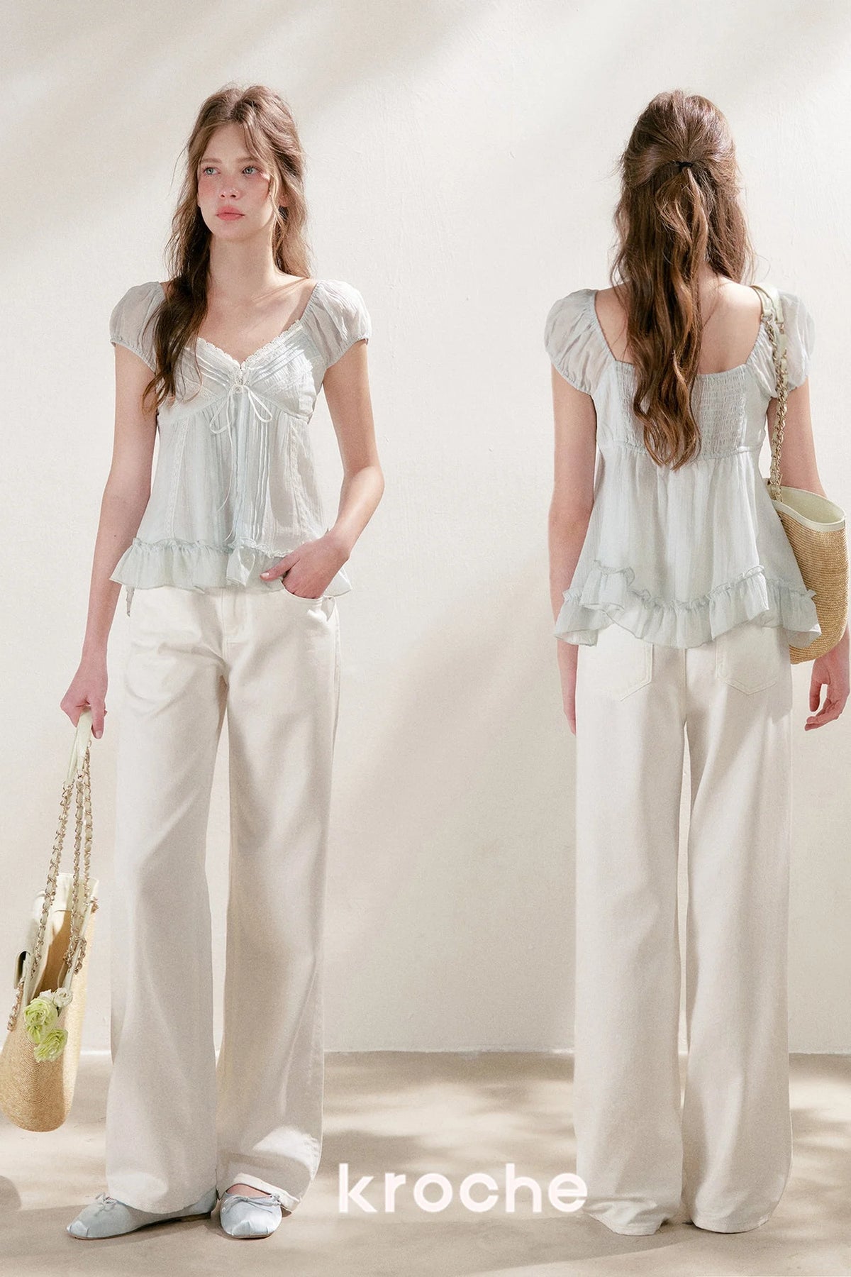 Pleated Tencel Lace Ruffle Short Sleeve Top