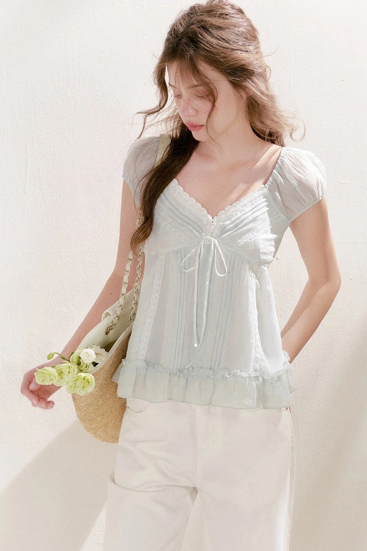 Pleated Tencel Lace Ruffle Short Sleeve Top