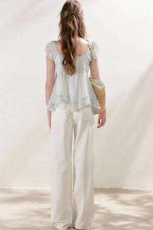 Pleated Tencel Lace Ruffle Short Sleeve Top