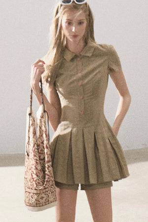Pleated Textured Shirt Dress