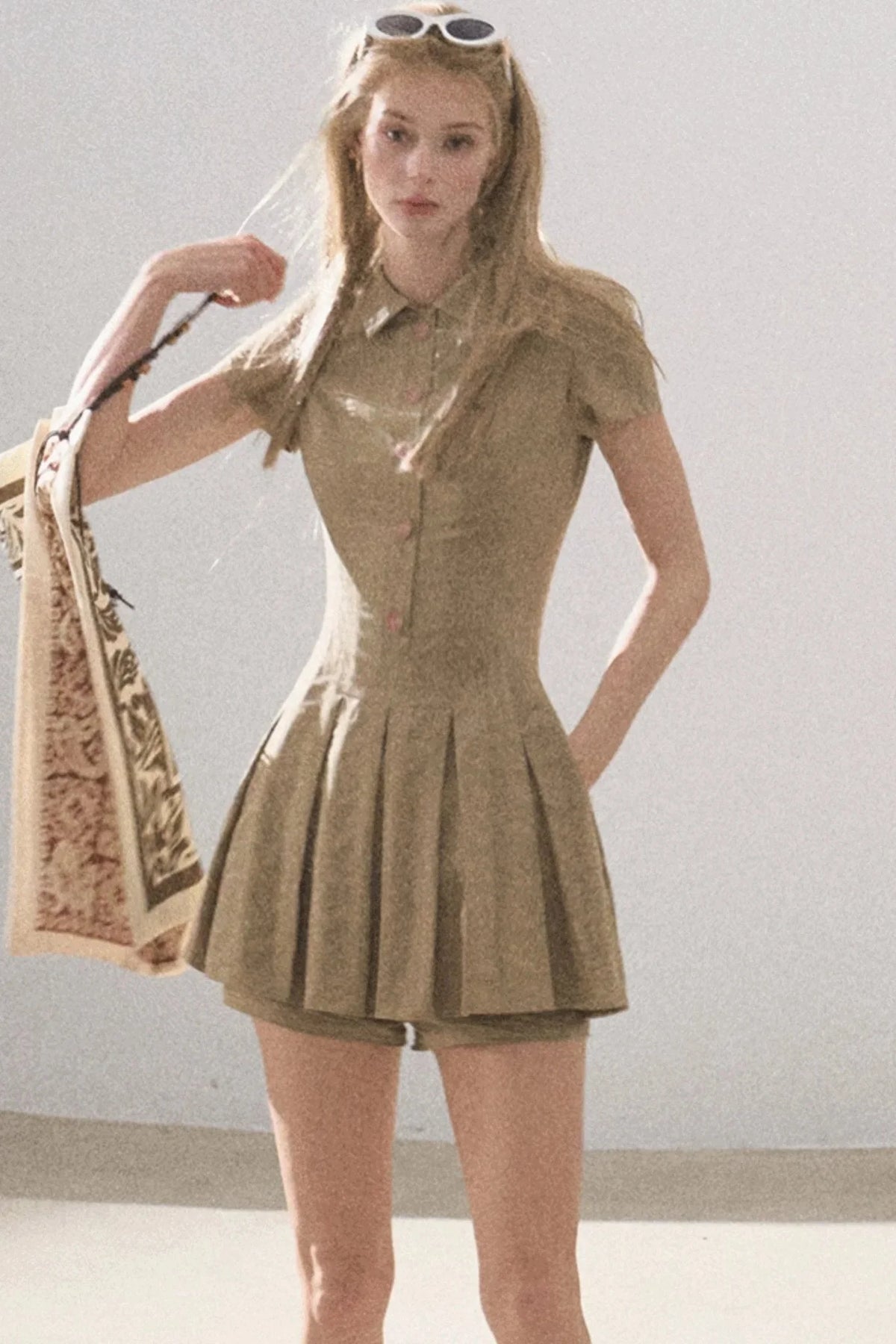 Pleated Textured Shirt Dress