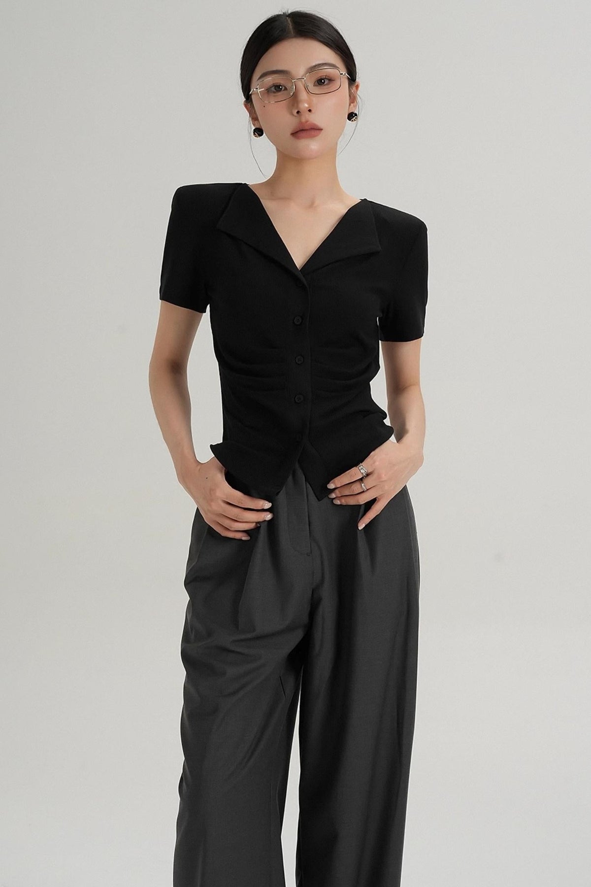 Pleated V-Neck Blouse