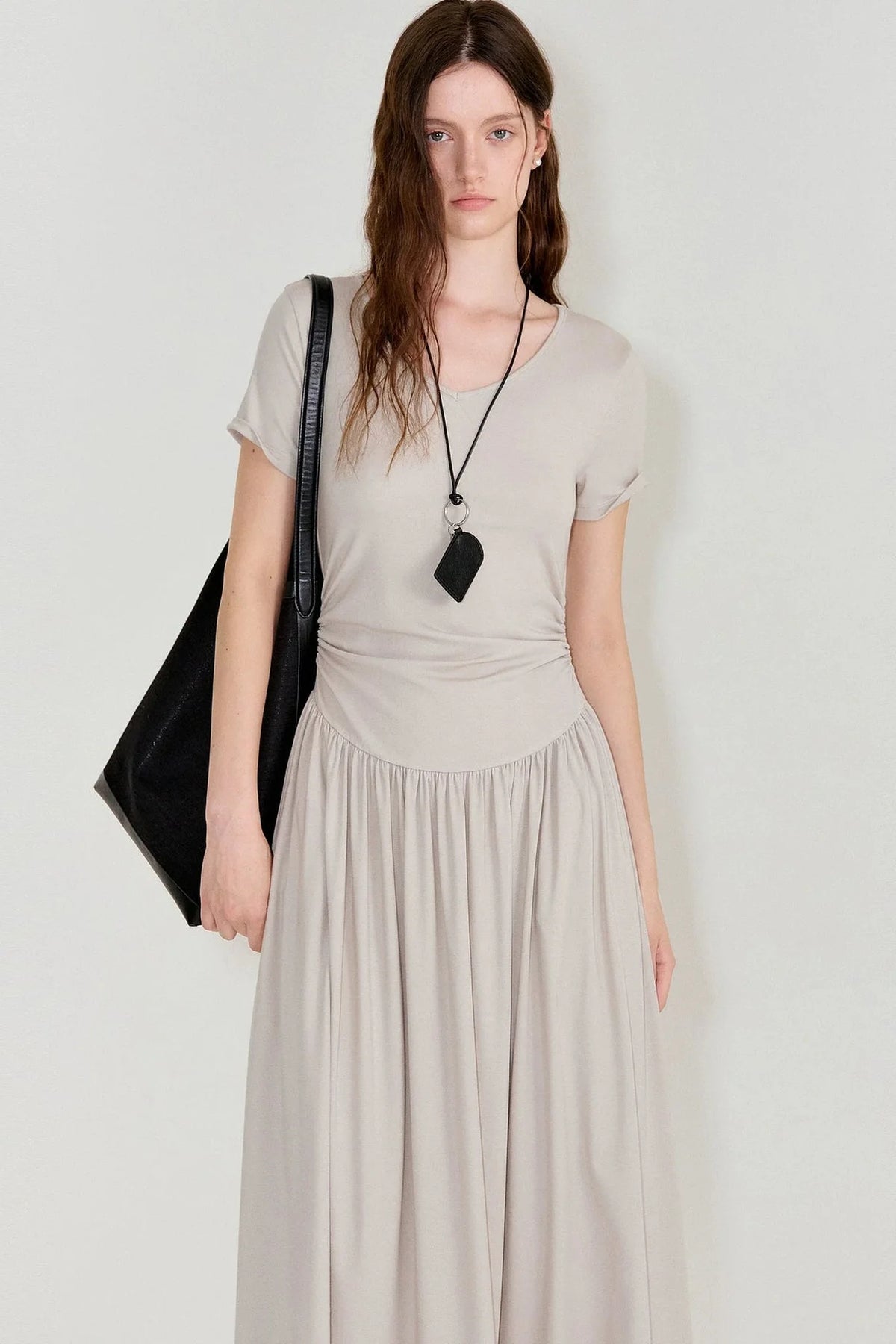 Pleated V-Neck Patchwork Dress