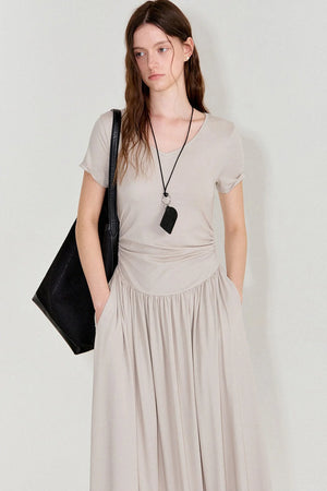 Pleated V-Neck Patchwork Dress
