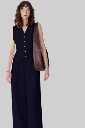 Pleated V-Neck Vest & Wide-Leg Trousers Set-Up