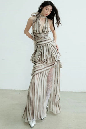 Pleated V-Neck Vest With Skirt Set