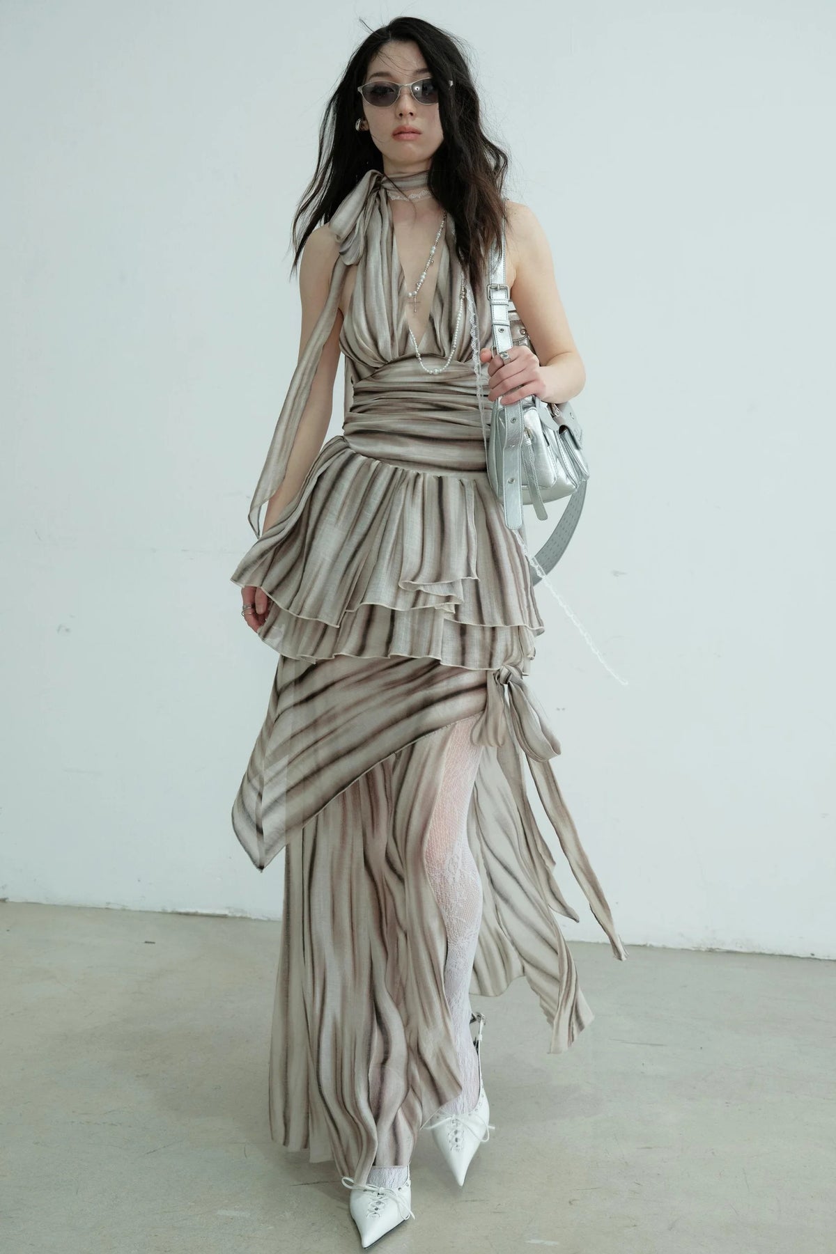 Pleated V-Neck Vest With Skirt Set