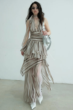 Pleated V-Neck Vest With Skirt Set