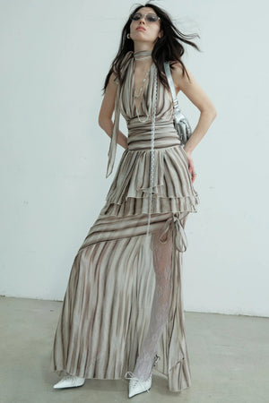 Pleated V-Neck Vest With Skirt Set