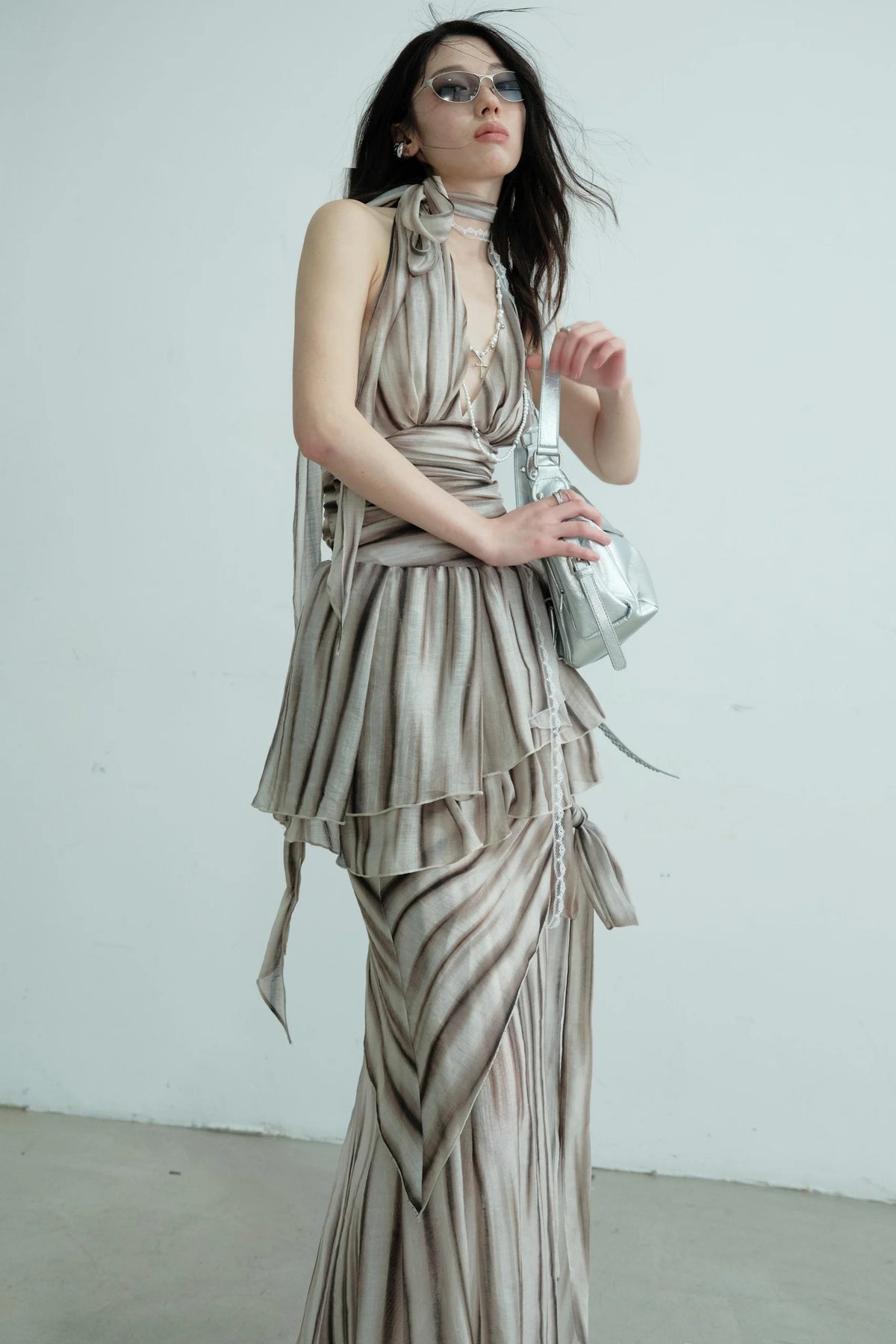 Pleated V-Neck Vest With Skirt Set