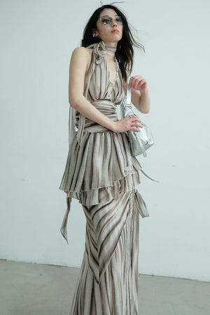 Pleated V-Neck Vest With Skirt Set