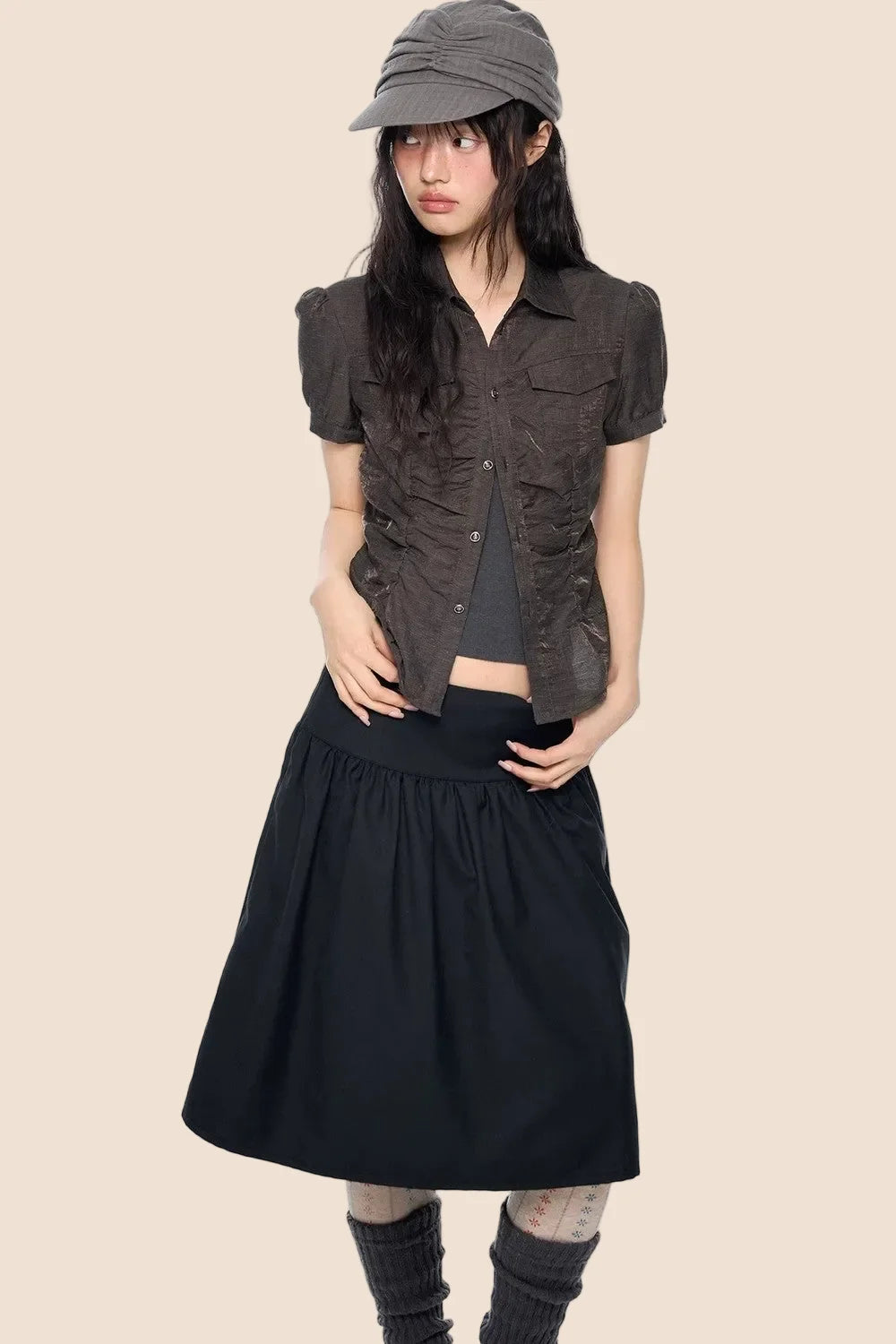 Pleated Waist-Cinching Shirt