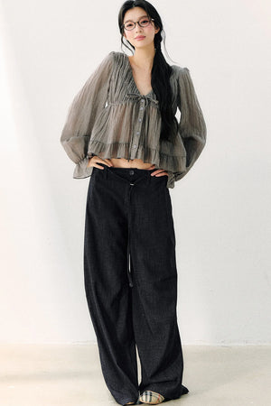 Pleated Washed Wide Leg Jeans