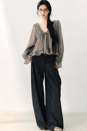 Pleated Washed Wide Leg Jeans