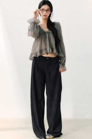 Pleated Washed Wide Leg Jeans