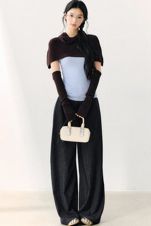 Pleated Washed Wide Leg Jeans