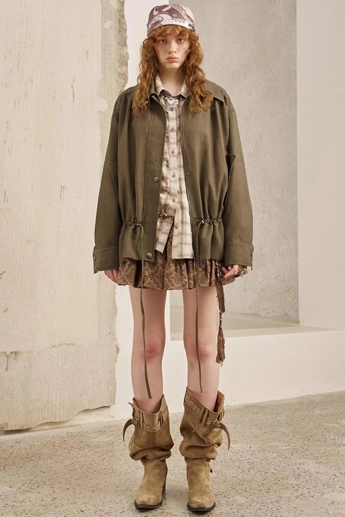 Pleats Waist Solid Color Loose Jacket