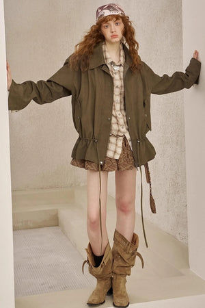 Pleats Waist Solid Color Loose Jacket
