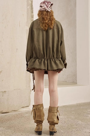 Pleats Waist Solid Color Loose Jacket