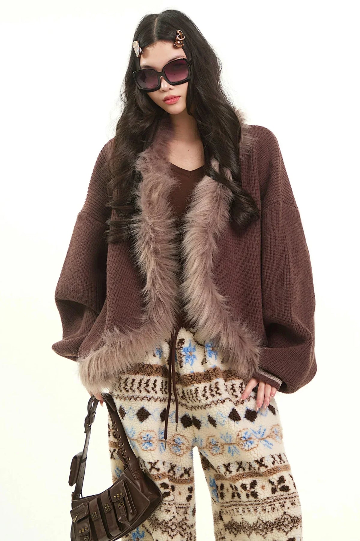 Plush Collar Knitted Cardigan