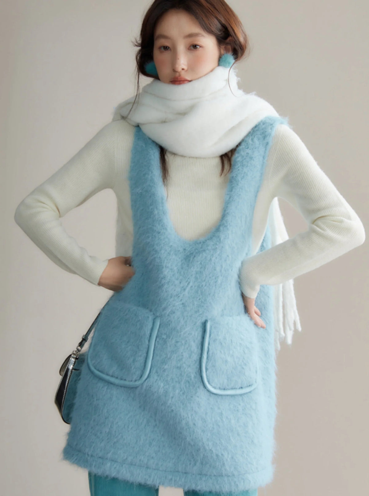 Plush faux mink fur A-line vest dress