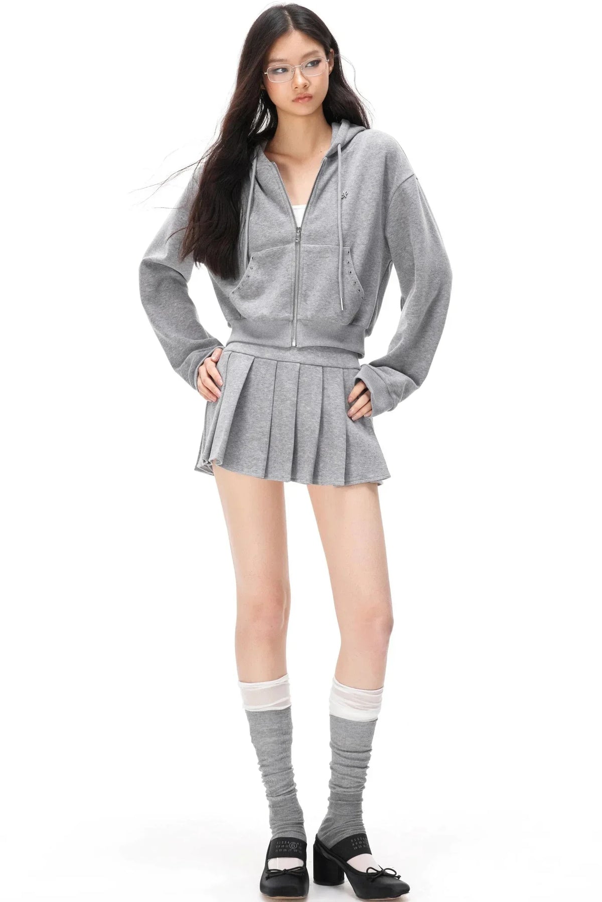 Pocket Studded Hooded Cardigan Set-Up