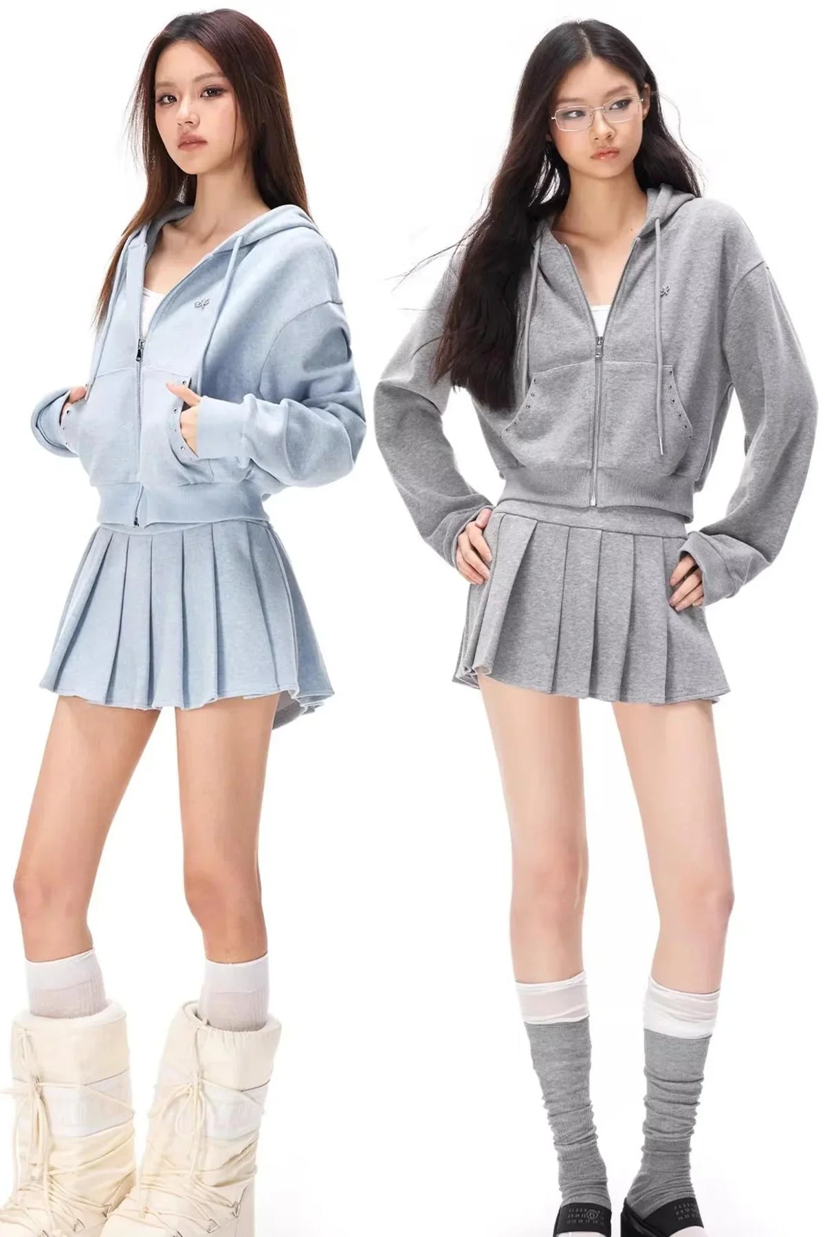 Pocket Studded Hooded Cardigan Set-Up