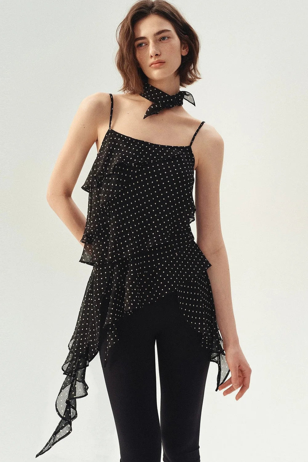 Polka Dot Asymmetric Ruffle Camisole