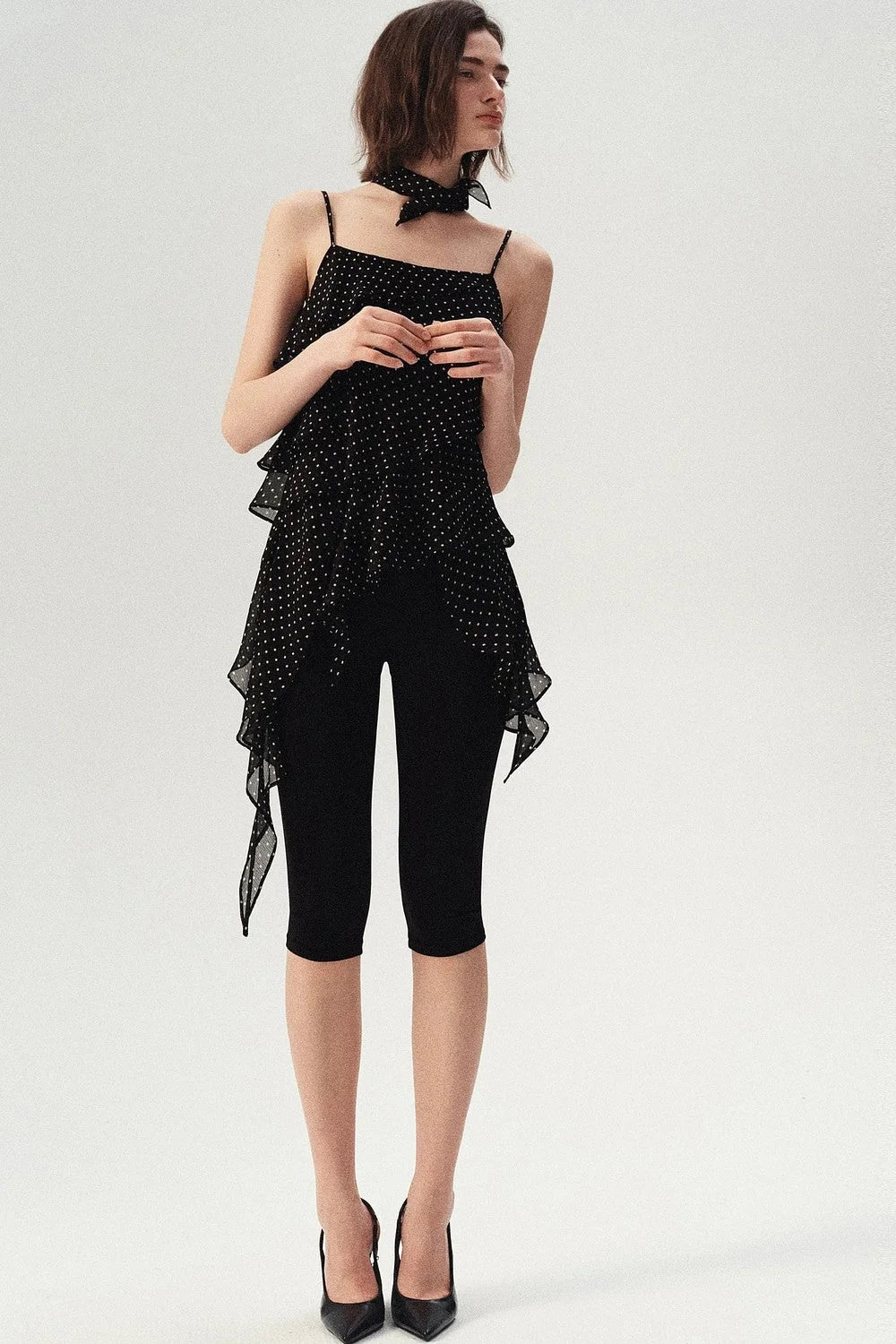 Polka Dot Asymmetric Ruffle Camisole