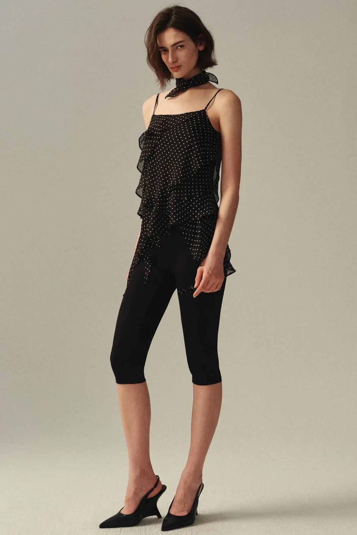Polka Dot Asymmetric Ruffle Camisole