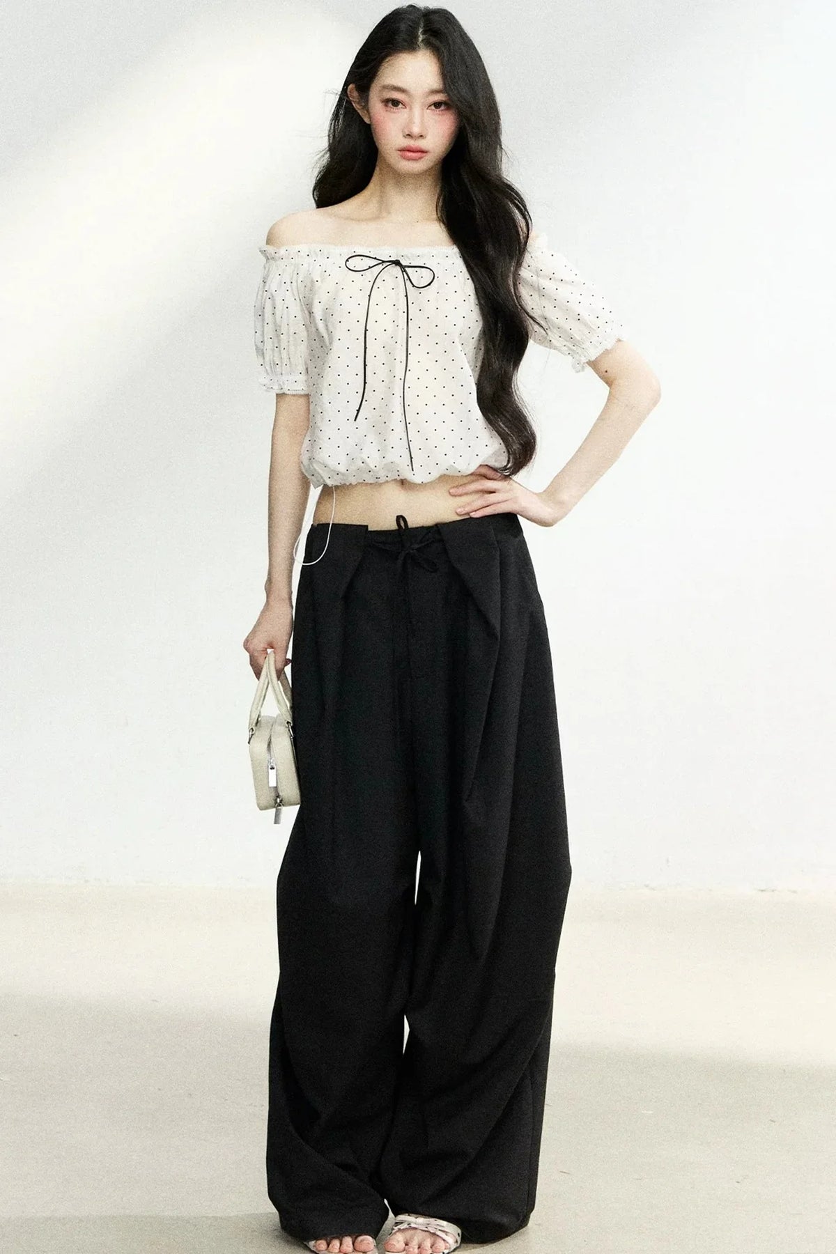 Polka Dot Bow Blouse and Pants Set-Up