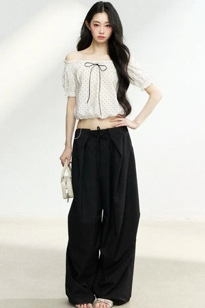 Polka Dot Bow Blouse and Pants Set-Up